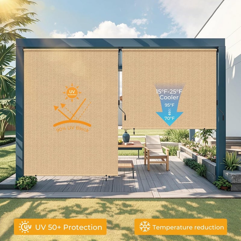 HOMEDEMO ستائر رول خارجية للشرفة، 6' x 6' (عرض x ارتفاع) ستارة كاكي قابلة للطي للخارج، قماش ستارة شمسية رول بلا حبال مقاومة للماء للشرفة، الجازبو، البرغولا، الشرفة الخلفية. - Image 3